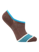 Calcetín invisible de corte bajo, color marrón con detalles en azul y blanco en el puño y la puntera. Confeccionado en fibra de bambú con alta capacidad de absorción y propiedades antibacterianas.