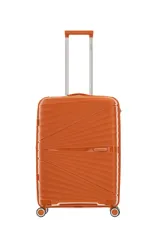 Valija rígida color naranja con diseño texturizado, carro reforzado, cierre expansible, ruedas dobles spinner 360, sujeción y compartimiento interno. Candado incorporado.