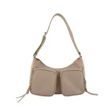 Cartera tipo bandolera de Las Oreiro en color beige, con diseño funcional que incluye dos bolsillos frontales con cierre, correa regulable y detalles de cordones laterales.