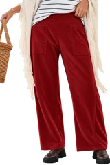 Pantalón barrel de plush de algodón color rojo, de tiro medio con faja ancha en la cintura y bolsillos frontales aplicados.