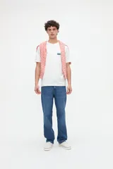 Remera de manga corta color blanco con diseño gráfico fotográfico y texto en el frente.