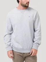 Buzo de cuello redondo color gris melange, con mangas largas y terminaciones en rib en puños y cintura. Presenta un pequeño parche bordado con forma de pato en el pecho.