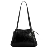 Cartera Guess modelo Xena, color negro con acabado simil cuero, herrajes plateados y logo frontal. Cuenta con cierre superior y doble asa larga para llevar al hombro.