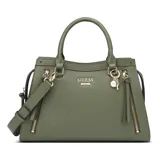Bolso de mano Guess modelo Wrenley, color verde oliva, con doble asa corta y correa larga extraíble ajustable. Tiene cierre superior, dos bolsillos externos con cierre y herrajes dorados.
