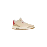 Championes Jordan 3 Retro en colaboración con Levi's, edición Lunar New Year. Diseño en tonos beige y marrones con paneles de denim y detalles texturizados símil pelo, talón rojo con branding y suela de goma tipo gum.