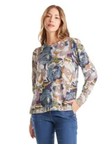 Buzo de hilado fino con cuello redondo y mangas largas. Presenta un estampado floral en tonos grises, azules y ocres, con detalle de botones decorativos en el lateral inferior.