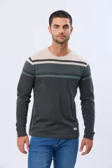 Remera de manga larga con cuello redondo, diseño a rayas horizontales en tonos beige, verde oscuro y gris. Confeccionada en algodón y poliéster.