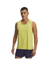 Musculosa deportiva Under Armour de la línea Halo, color amarillo lima. Presenta un diseño sin mangas con cuello redondo, perforaciones láser estratégicas en los laterales para mayor ventilación y detalles reflectantes. Confeccionada en tejido elástico Iso-Chill que disipa el calor y absorbe el sudor.