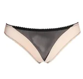Bombacha tipo vedetina confeccionada en combinación de tonos nude y negro, con detalles de transparencias y ribetes elastizados.