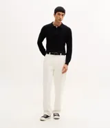 Suéter texturizado de algodón color tostado, con cuello polo abotonado y manga larga, de la marca Marfinno.