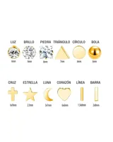 Set de nueve pares de aros dorados con diferentes diseños: cristal, círculo, esfera, corazón, triángulo, luna, estrella, barra y cruz.