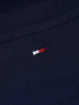 Vestido azul marino de algodón interlock de Tommy Hilfiger, con cuello redondo, manga corta y cinturón anudable.