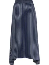 Falda midi azul marino con rayas verticales blancas, cintura elástica con cordón y dobladillo asimétrico.