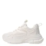 Championes urbanos de estilo chunky, completamente blancos, con diseño de paneles superpuestos en malla y material sintético, cordones al tono y suela de plataforma dentada.