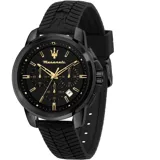 Reloj Maserati modelo Successo R8871621011, para hombre, con caja de acero inoxidable negra de 45mm de diámetro, esfera negra con detalles dorados y correa de silicona negra con textura. Resistente al agua hasta 10 ATM.