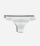 Kit de dos bombachas estilo bikini de hilo doble, confeccionadas en algodón. Incluye una prenda lisa en color gris melange y otra blanca con diseño de rayas horizontales grises, ambas con cintura elástica.