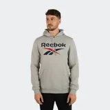Canguro gris de polar de mezcla de algodón, con capucha con cordón, mangas largas, bolsillo frontal tipo canguro y ribetes de punto acanalado. Presenta el logo de Reebok estampado en el pecho en azul, rojo y negro.