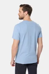 Remera de manga corta color gris con estampado de paisaje costero con palmeras y tablas de surf.