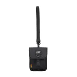 Bandolera negra Caterpillar Rhett Utility Bag, con correa ajustable, anilla en D con la marca Caterpillar, compartimento principal con bolsillo plano, bolsillo trasero y logo de la marca en la parte frontal.