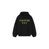 Hoodie de felpa color negro con el texto "FEAR OF GOD STATE" estampado en el frente en tono dorado.