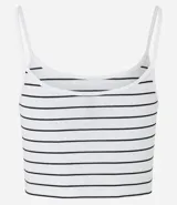 Blusa cropped de tirantes finos con rayas horizontales blancas y negras.
