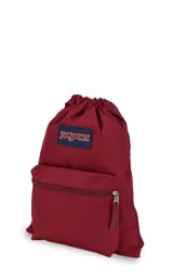Mochila JanSport Draw Sack azul marino con logo rojo estampado, cierre superior con cordón ajustable y bolsillo frontal con cierre.