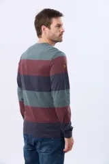 Remera de manga larga con diseño de rayas horizontales anchas en tonos verde, bordó y azul marino. Presenta cuello redondo y una pequeña estampa tipográfica en el pecho.