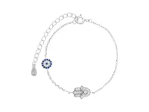 Pulsera de plata 925 con dije de mano de Fátima (Hamsa) con circonias y dije de ojo turco con circonias azules.