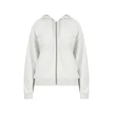 Campera con capucha New Balance color gris jaspeado, con cierre frontal, bolsillos tipo canguro y logo bordado en el pecho.