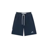 Short de baño azul marino de la marca Eme Studios, con cintura elástica, cordón ajustable blanco y logo estampado en la pierna.