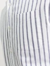 Camisa de manga larga a rayas verticales azules y blancas, con cuello abotonado, bolsillo en el pecho y corte regular.