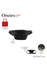 Riñonera negra de diseño compacto con cierre principal y bolsillo frontal con cierre, decorada con tachas pequeñas y un aplique metálico en forma de labios.