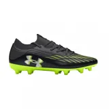 Championes de fútbol Under Armour Magnetico Select 4 FG, color negro con detalles en verde neón. Presentan un diseño aerodinámico con texturas en la parte superior y suela con tapones para césped natural.
