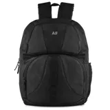 Mochila negra con dos compartimentos frontales con cierre, un bolsillo lateral de red y logo "AS" en el frente.