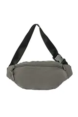 Riñonera color gris oscuro con cierre frontal y correa ajustable negra con hebilla.