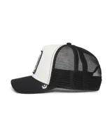 Gorra tipo trucker con frente blanco, visera negra y parte trasera de malla negra. Presenta un parche bordado en el frente con la imagen de una pantera y la palabra Panther.