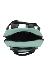 Mochila de poliéster reciclado color verde, con compartimento principal con cierre, doble bolsillo delantero con cierre, bolsillos laterales y bolsillo trasero con cierre. Incluye correas ajustables y manijas superiores con logo de la marca.
