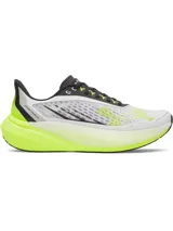 Championes de running Under Armour modelo Velociti Distance, con tecnología de amortiguación HOVR+ de longitud completa. Presentan un diseño en color blanco con detalles en amarillo neón y negro, parte superior de malla transpirable y suela de alto rendimiento.
