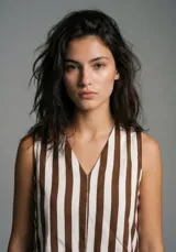 Top sin mangas color crudo con rayas verticales marrones, escote en V.