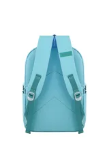 Mochila Trendy color celeste, con múltiples compartimentos con cierre, asas acolchadas y ajustables, y logo de la marca en el bolsillo frontal superior.