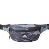 Riñonera Rip Curl modelo Search Camo en tonos de gris y negro con estampado geométrico de camuflaje, cierre frontal con cremallera y correa ajustable con hebilla plástica.