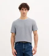 Remera masculina gris de corte regular, cuello redondo, manga corta y textura horizontal. Confeccionada en algodón y poliéster.