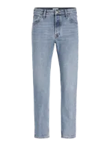 Jean de corte relajado y tiro alto con pierna recta, confeccionado en denim de tono azul claro con acabado stonewash. Presenta el clásico diseño de cinco bolsillos y cierre frontal con botones.