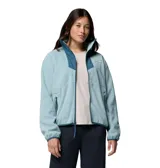 Campera polar de mujer Columbia, modelo Sequoia Grove, en color celeste con detalles en azul oscuro en el cuello y cierre. Presenta cuello alto, cierre frontal completo, bolsillos laterales con cierre y elásticos en puños y dobladillo.