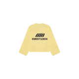 Remera de manga larga de color amarillo pastel, con cuello redondo y estampado gráfico en el centro del pecho que incluye el logotipo y la inscripción de la marca.