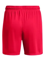 Short deportivo Under Armour Golazo 3.0, de color rojo, con cintura elástica y logo de la marca estampado en blanco en la pierna izquierda.