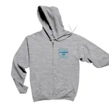 Campera con capucha y cierre frontal completo, confeccionada en tejido de algodón gris melange. Presenta un diseño de estampa personalizada en el pecho y bolsillos tipo canguro.