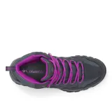 Bota de trekking Columbia modelo Crestwood Mid, color gris con detalles en fucsia. Confeccionada en una combinación de piel y malla, cuenta con tecnología impermeable Omni-Tech, entresuela TechLite para amortiguación y suela Omni-Grip para tracción en diversos terrenos.