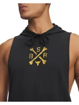 Musculosa negra con capucha y cordones ajustables, diseñada para entrenamiento. Presenta un estampado gráfico en color dorado en el pecho con las letras BSR y un diseño de huesos cruzados.