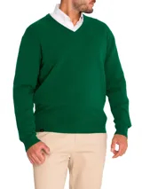 Sweater de punto con escote en V y manga larga, confeccionado en una mezcla de lana y cashmere. Presenta un diseño clásico de calce regular con puños y ruedo acanalados.